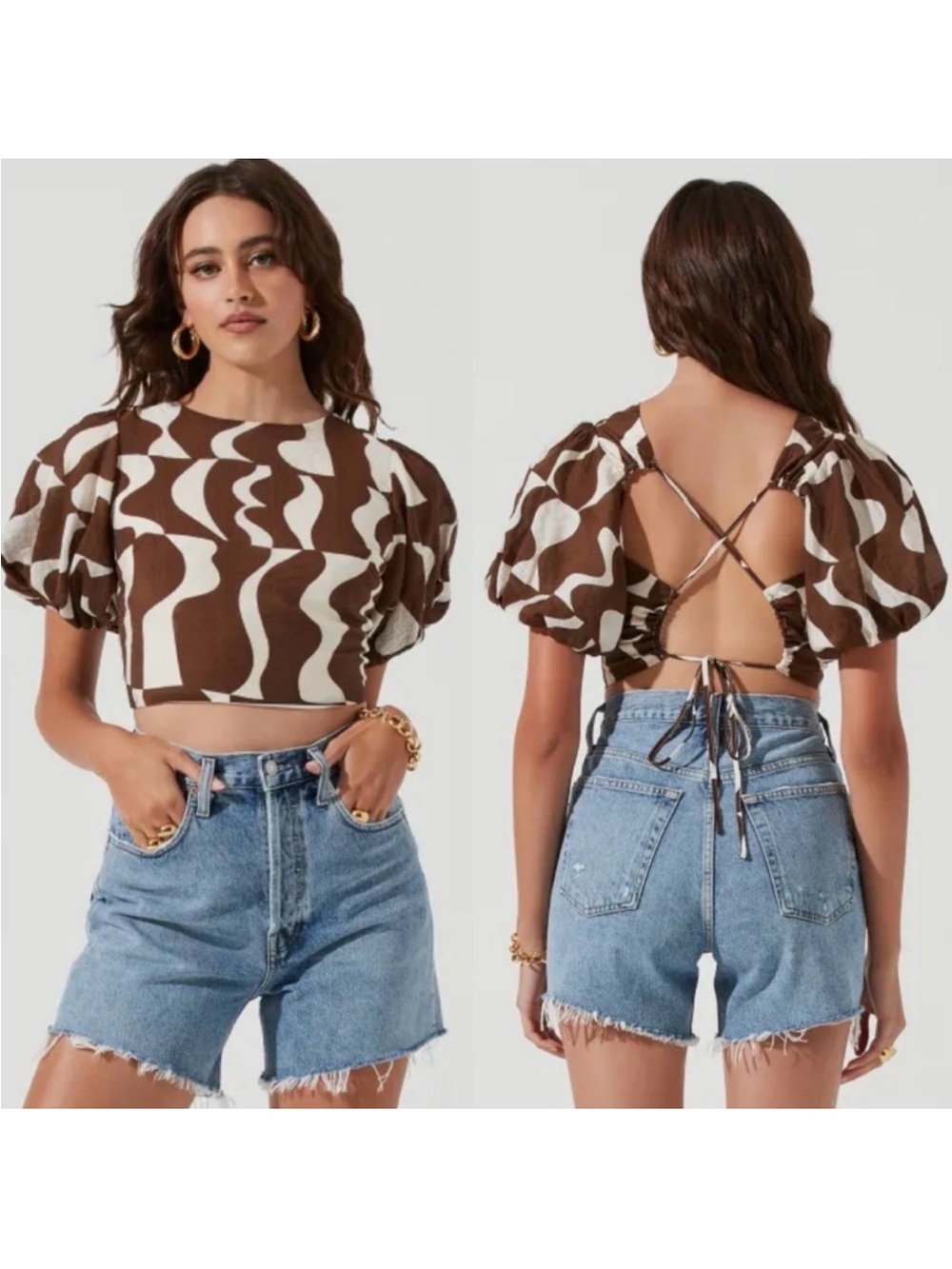 ASTR The Label Brown White Boulevard Abstract Print Puff Sleeve Open Back Top, S